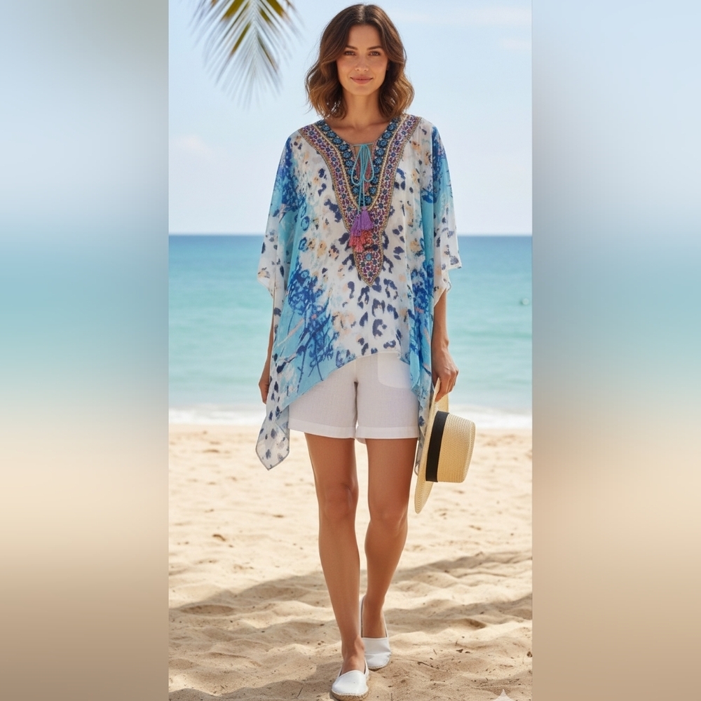 SELFIE COUTURE  By Trendology Silk Blend Kimono Top One Size Rhinestone Beach‎